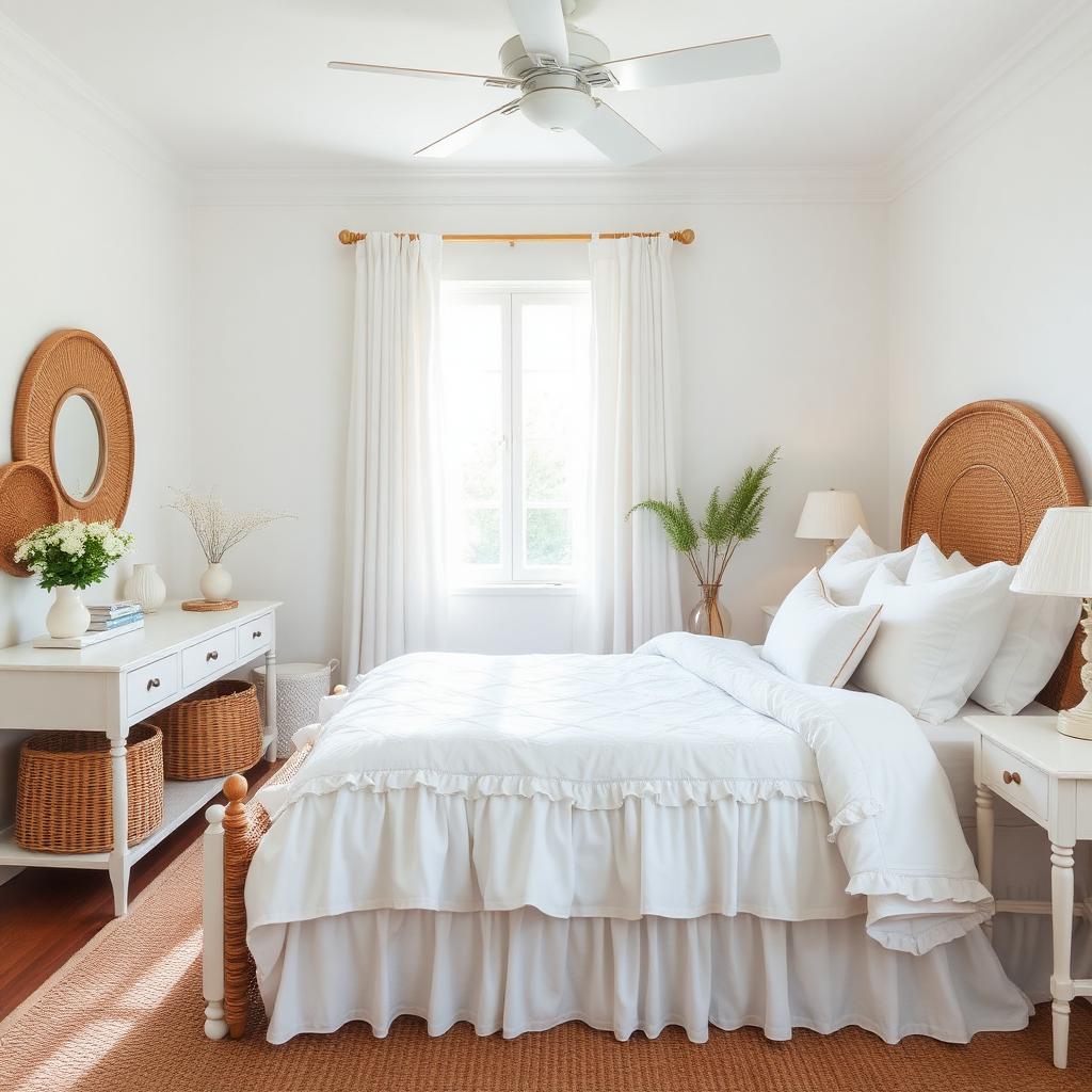Coastal primary bedroom with white bedding and rattan headboard