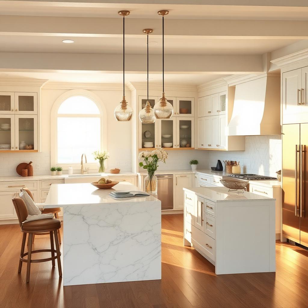 Full kitchen with marble island, gas range, and warm morning light